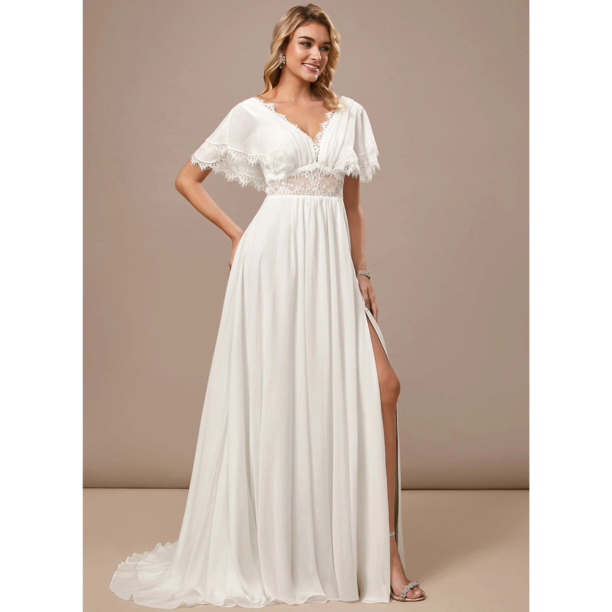 Elegant A-Line V-Neck Flutter Sleeve Romantic White Floor-Length Wedding Dresses for Brides