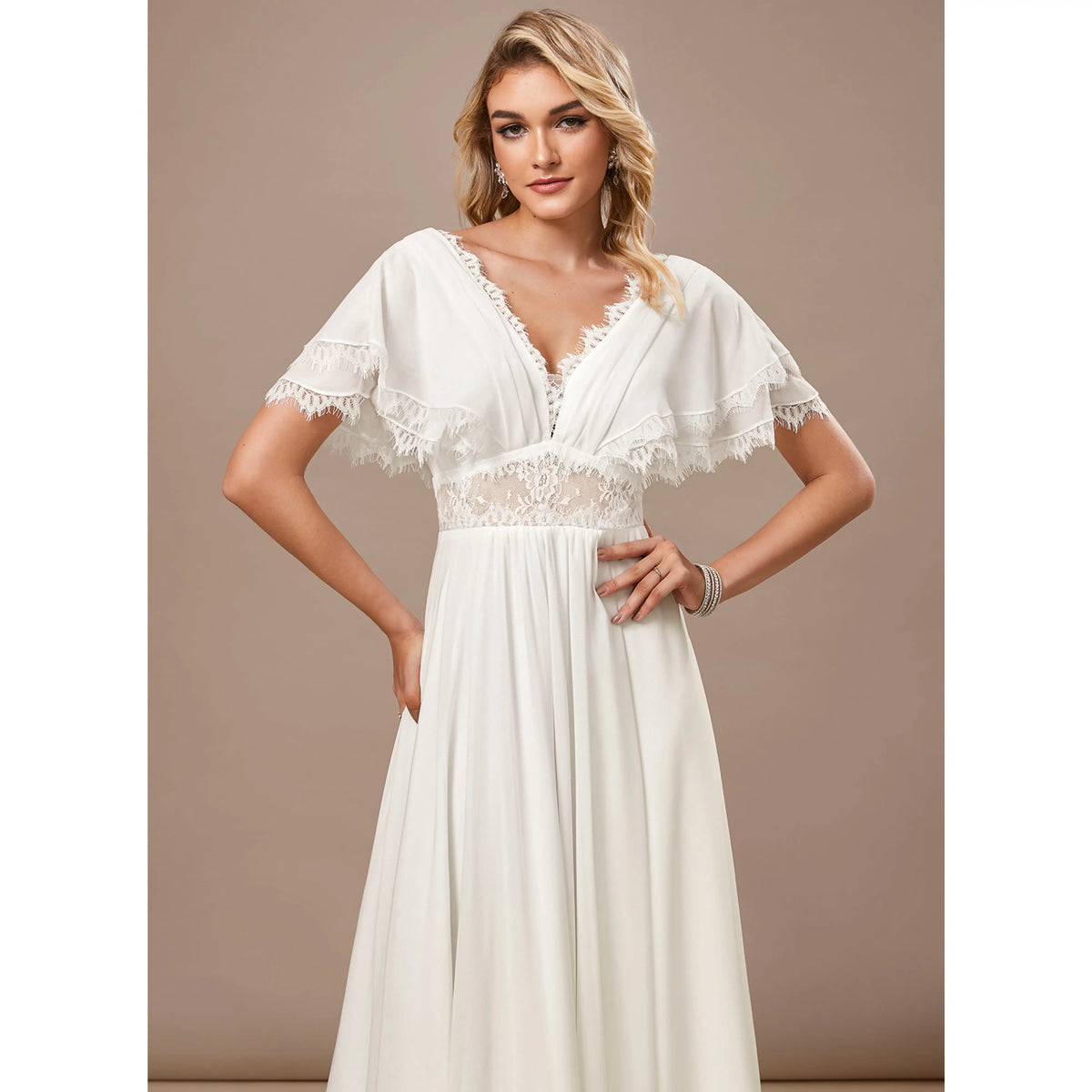 Elegant A-Line V-Neck Flutter Sleeve Romantic White Floor-Length Wedding Dresses for Brides