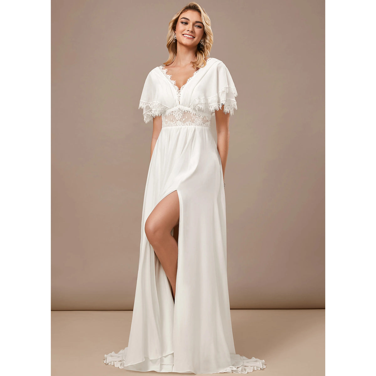 Elegant A-Line V-Neck Flutter Sleeve Romantic White Floor-Length Wedding Dresses for Brides