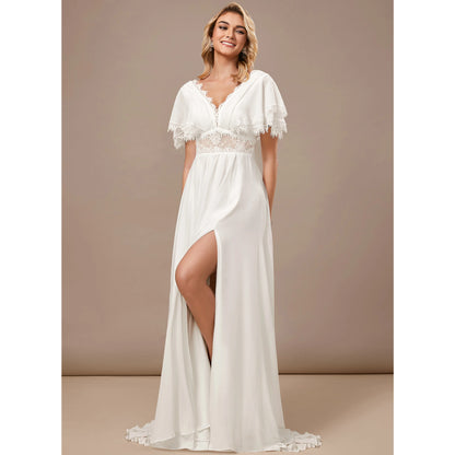 Elegant A-Line V-Neck Flutter Sleeve Romantic White Floor-Length Wedding Dresses for Brides