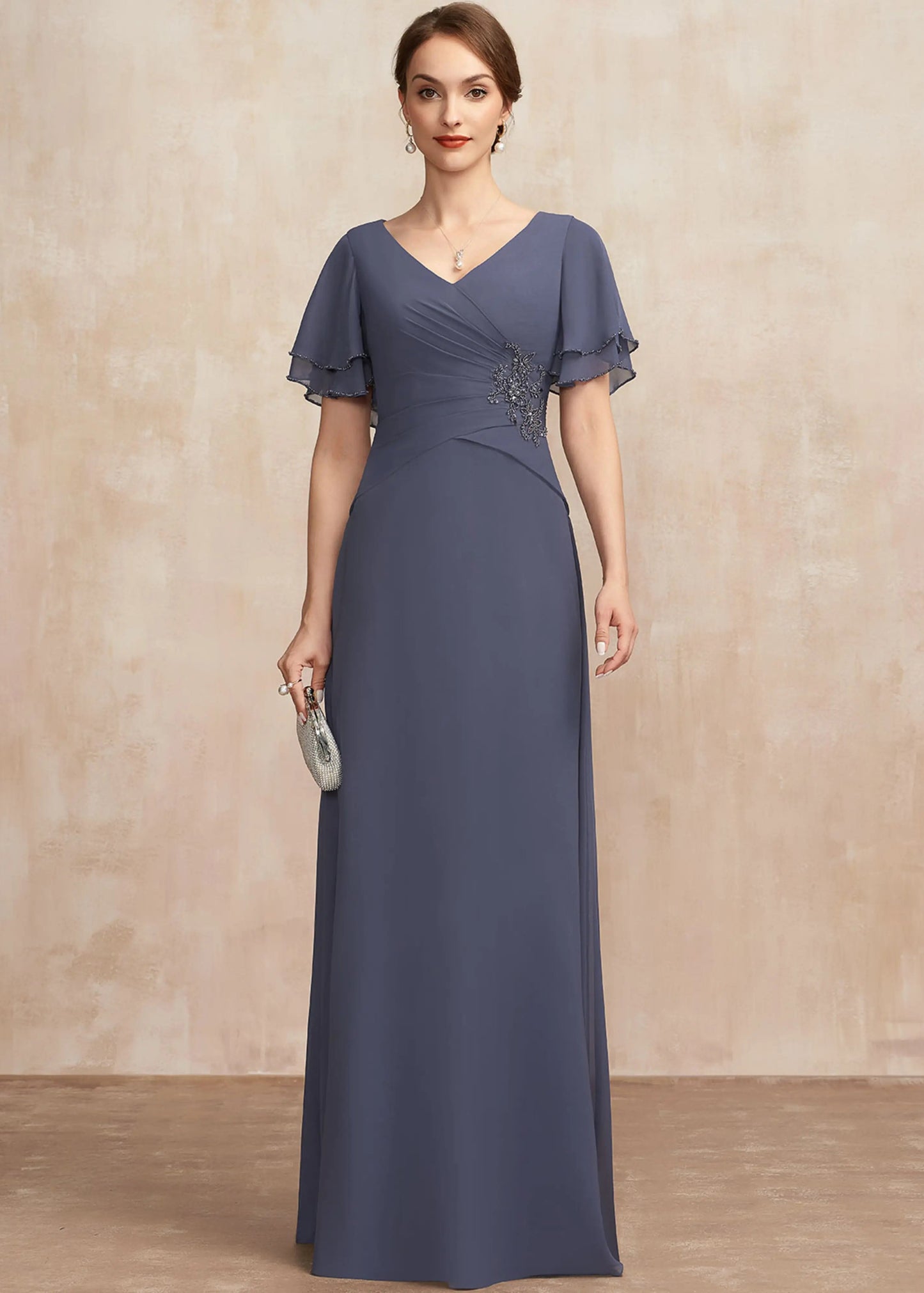 Elegant A-Line V-Neck Flutter Sleeve Ruched Dusty Blue Mother of the Bride Gown