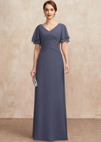 Elegant A-Line V-Neck Flutter Sleeve Ruched Dusty Blue Mother of the Bride Gown