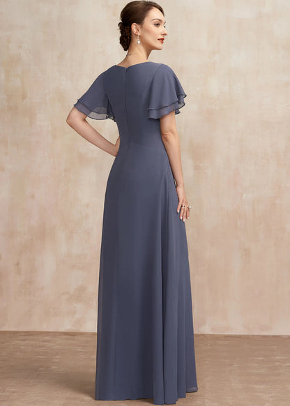 Elegant A-Line V-Neck Flutter Sleeve Ruched Dusty Blue Mother of the Bride Gown