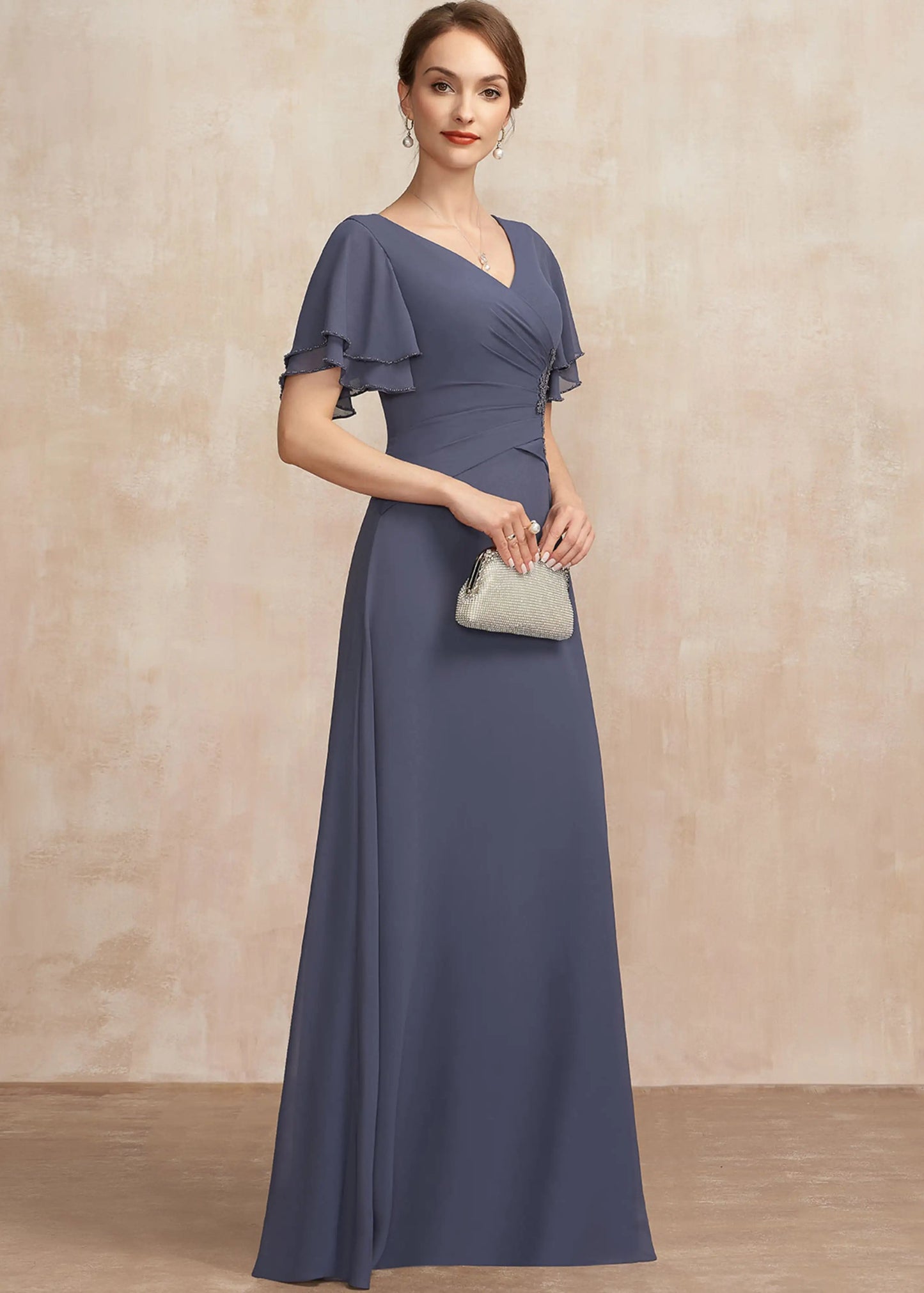Elegant A-Line V-Neck Flutter Sleeve Ruched Dusty Blue Mother of the Bride Gown