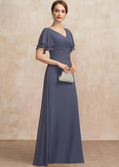 Elegant A-Line V-Neck Flutter Sleeve Ruched Dusty Blue Mother of the Bride Gown