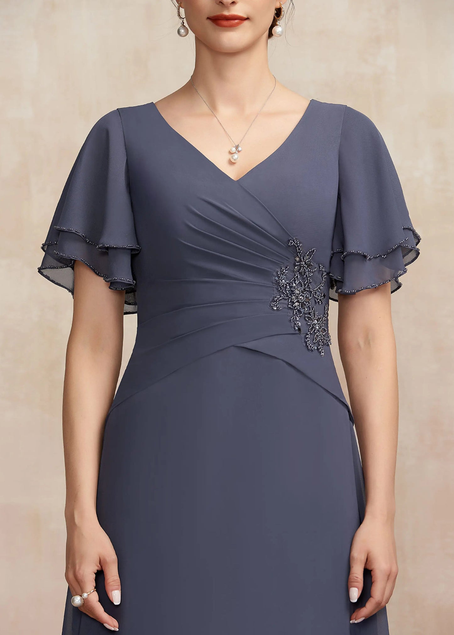 Elegant A-Line V-Neck Flutter Sleeve Ruched Dusty Blue Mother of the Bride Gown