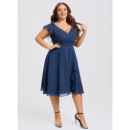 Elegant A-Line V-Neck Flutter Sleeve Ruched Navy Knee-Length Plus Size Homecoming Dress