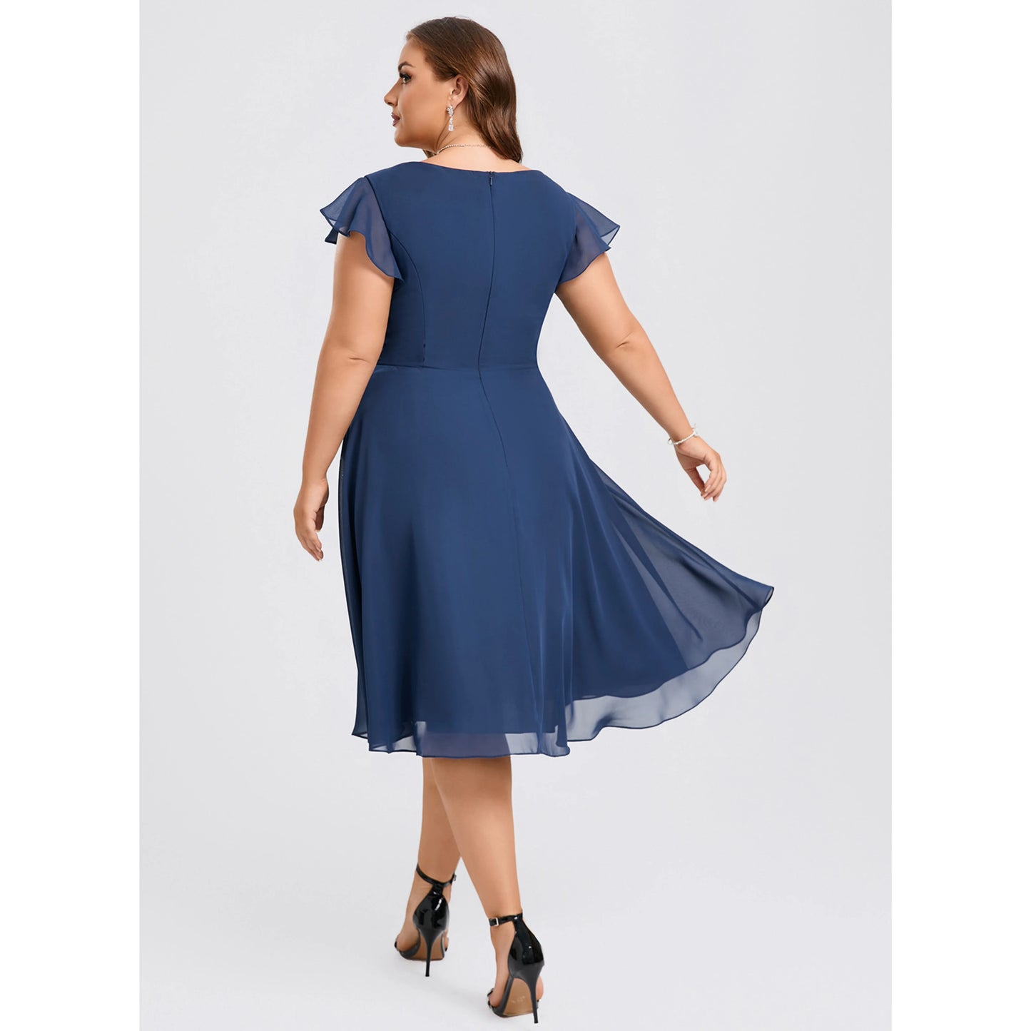 Elegant A-Line V-Neck Flutter Sleeve Ruched Navy Knee-Length Plus Size Homecoming Dress