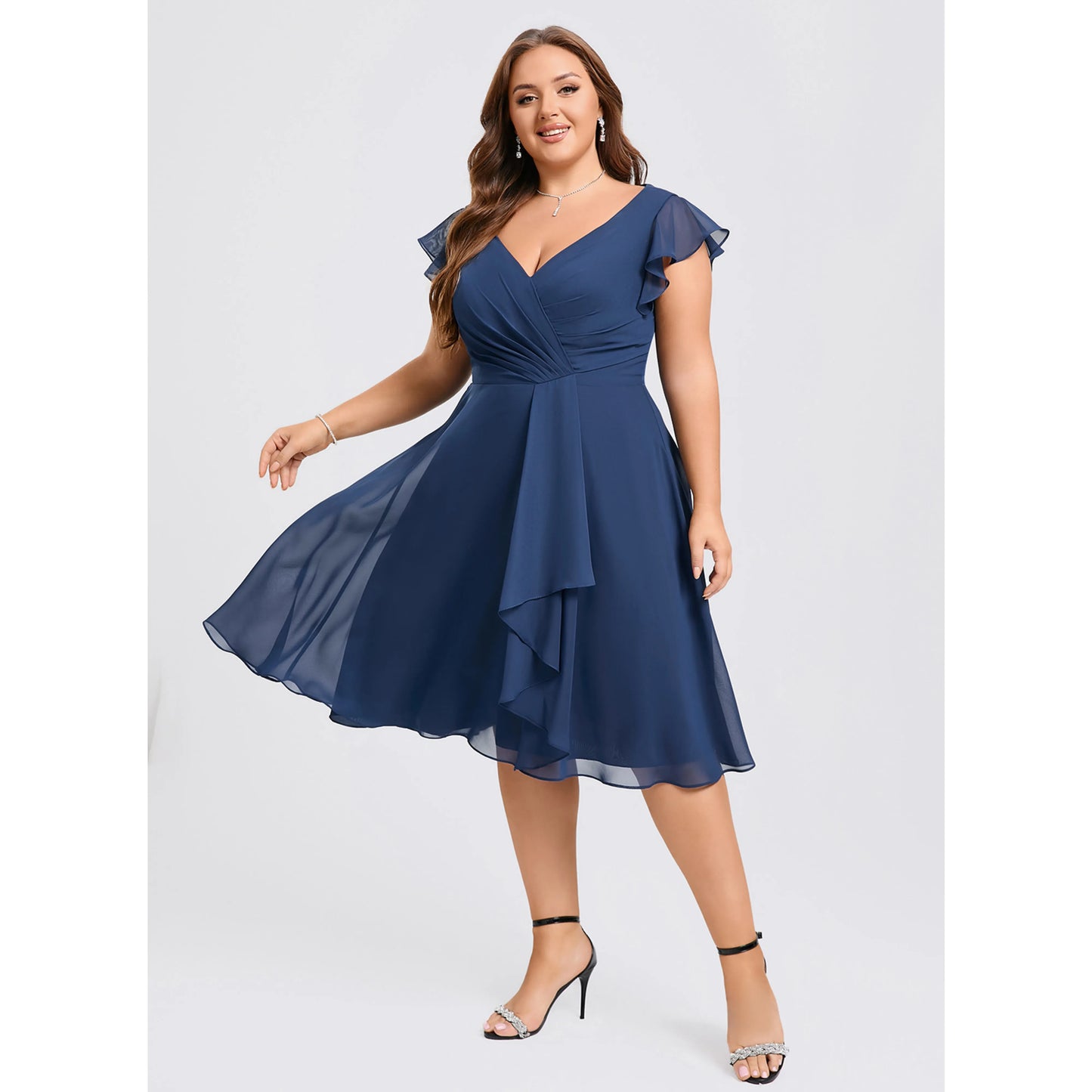Elegant A-Line V-Neck Flutter Sleeve Ruched Navy Knee-Length Plus Size Homecoming Dress