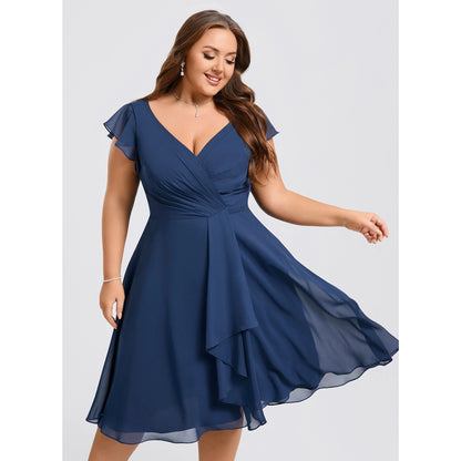 Elegant A-Line V-Neck Flutter Sleeve Ruched Navy Knee-Length Plus Size Homecoming Dress