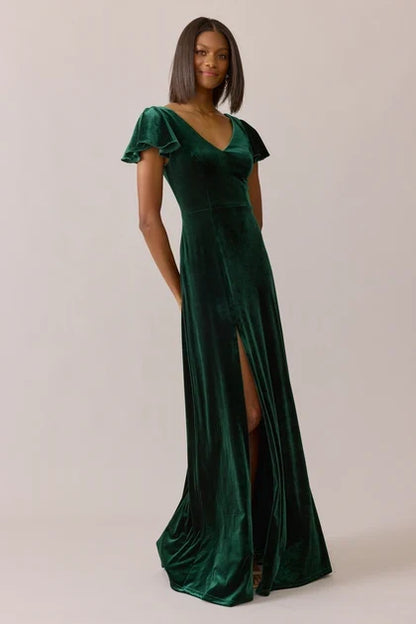 Elegant A-Line V-Neck Flutter Sleeve Slit Emerald Floor-Length Bridesmaid Gown
