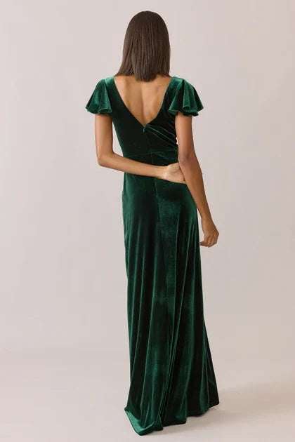 Elegant A-Line V-Neck Flutter Sleeve Slit Emerald Floor-Length Bridesmaid Gown
