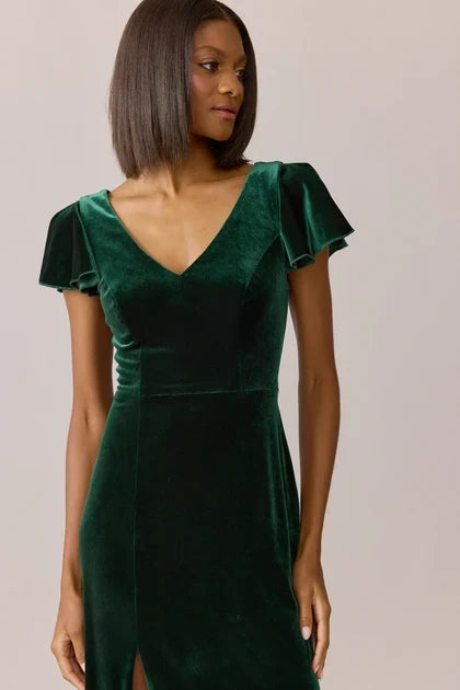 Elegant A-Line V-Neck Flutter Sleeve Slit Emerald Floor-Length Bridesmaid Gown