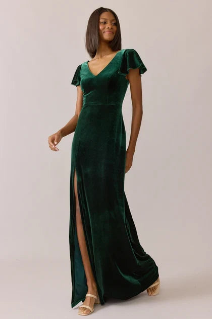Elegant A-Line V-Neck Flutter Sleeve Slit Emerald Floor-Length Bridesmaid Gown