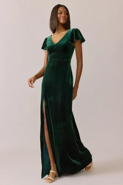Elegant A-Line V-Neck Flutter Sleeve Slit Emerald Floor-Length Bridesmaid Gown