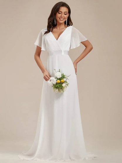 Elegant A-Line V-Neck Flutter Sleeve White Floor-Length Wedding Dresses Bridal Gown