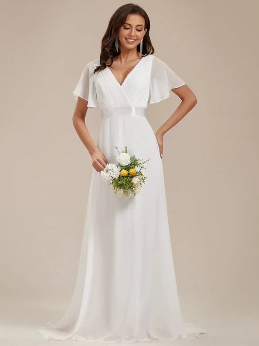 Elegant A-Line V-Neck Flutter Sleeve White Floor-Length Wedding Dresses Bridal Gown