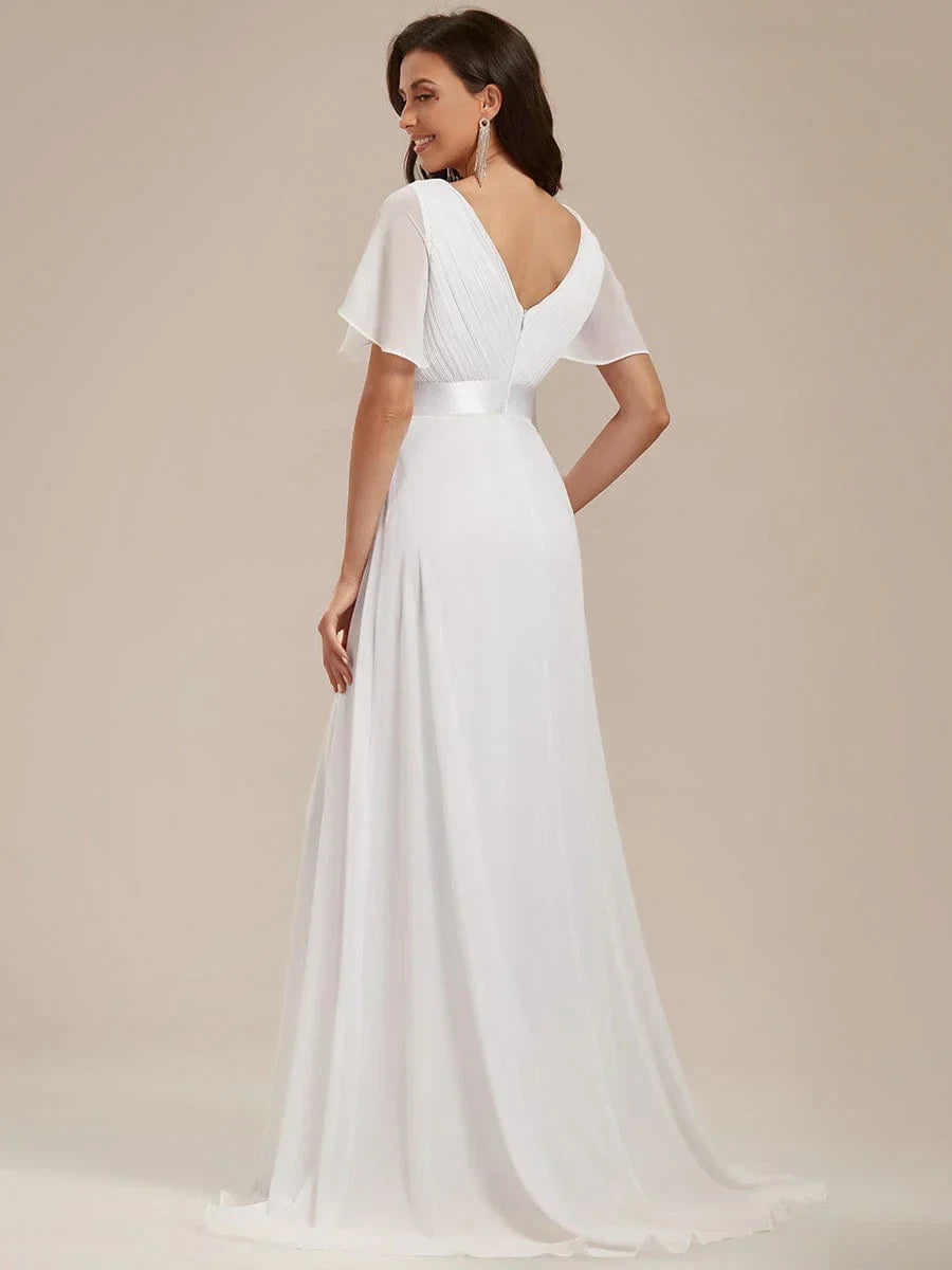 Elegant A-Line V-Neck Flutter Sleeve White Floor-Length Wedding Dresses Bridal Gown