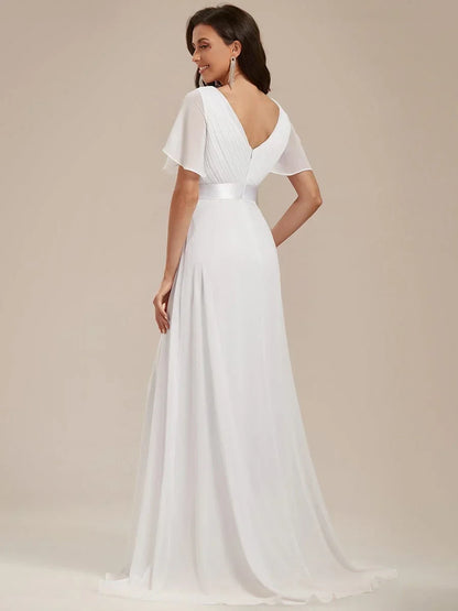 Elegant A-Line V-Neck Flutter Sleeve White Floor-Length Wedding Dresses Bridal Gown