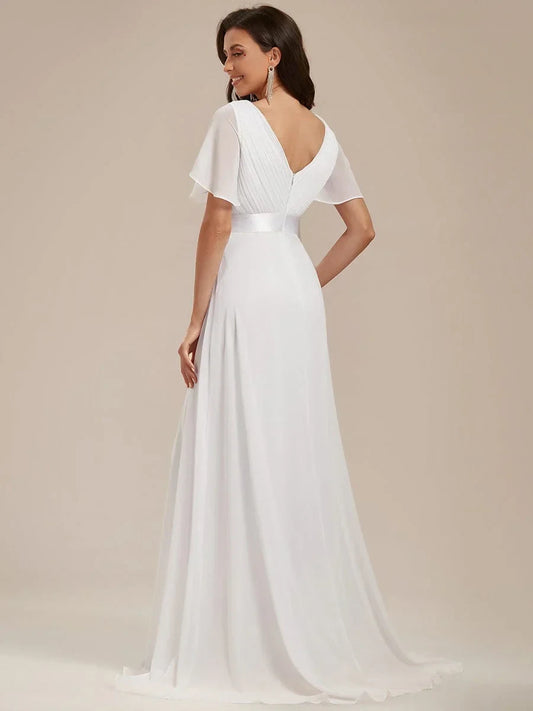 Elegant A-Line V-Neck Flutter Sleeve White Floor-Length Wedding Dresses Bridal Gown
