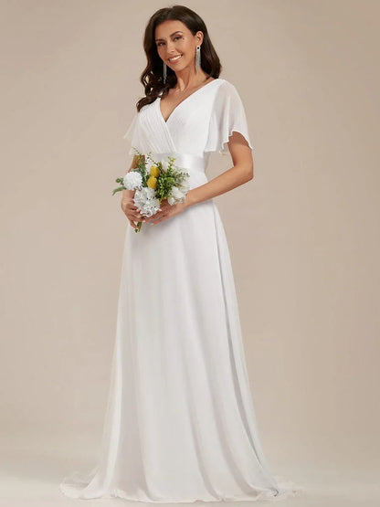 Elegant A-Line V-Neck Flutter Sleeve White Floor-Length Wedding Dresses Bridal Gown