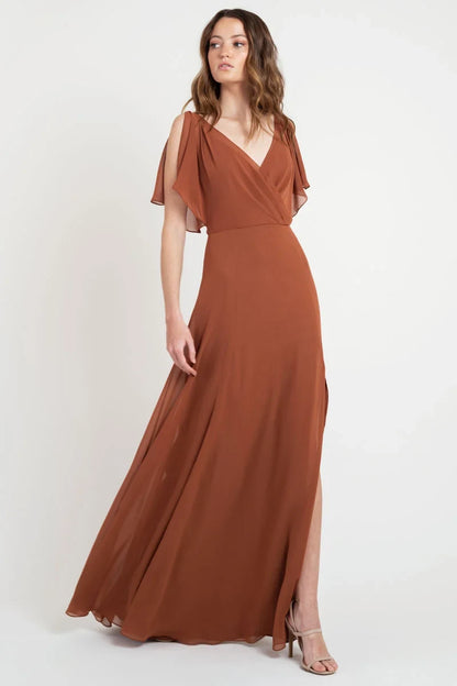 Elegant A-Line V-Neck Flutter Sleeve Wrap Terracotta Floor-Length Bridesmaid Gown