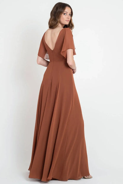 Elegant A-Line V-Neck Flutter Sleeve Wrap Terracotta Floor-Length Bridesmaid Gown