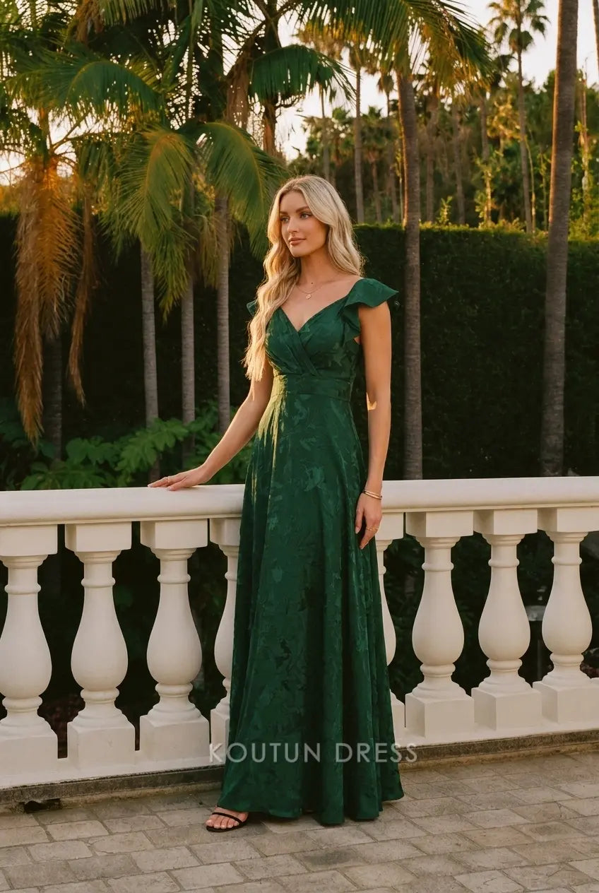 Elegant A-Line V-Neck Flutter Sleeves Floral Emerald Green Floor-Length Prom Dresses Women's