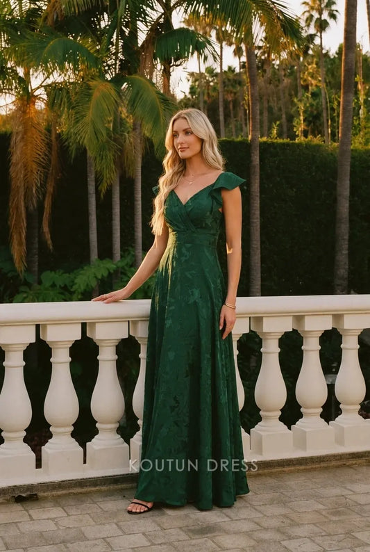 Elegant A-Line V-Neck Flutter Sleeves Floral Emerald Green Floor-Length Prom Dresses Women's