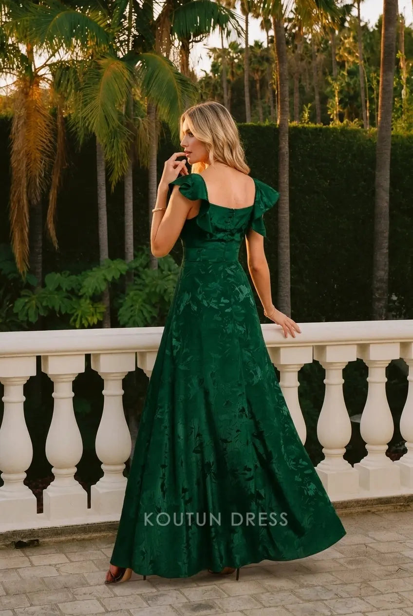 Elegant A-Line V-Neck Flutter Sleeves Floral Emerald Green Floor-Length Prom Dresses Women's