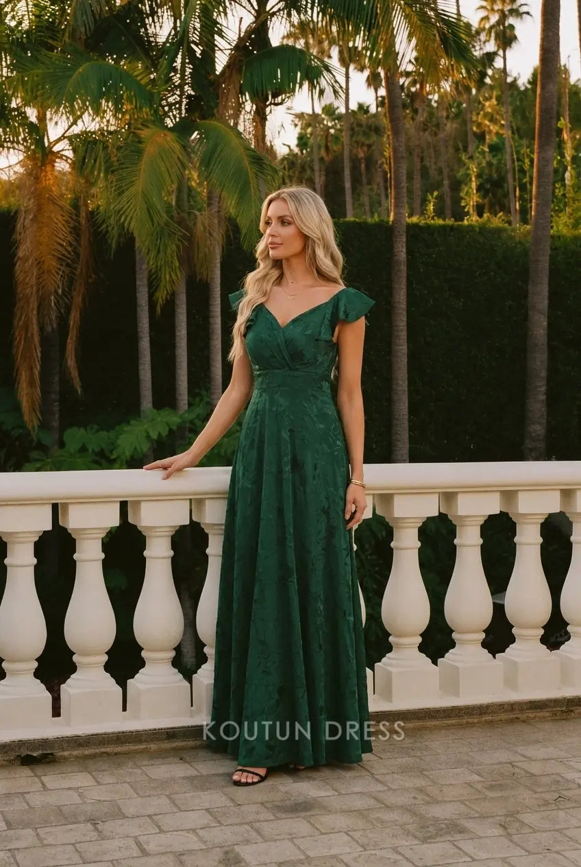 Elegant A-Line V-Neck Flutter Sleeves Floral Emerald Green Floor-Length Prom Dresses Women's
