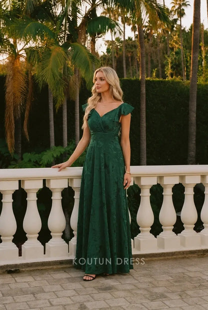Elegant A-Line V-Neck Flutter Sleeves Floral Emerald Green Floor-Length Prom Dresses Women's