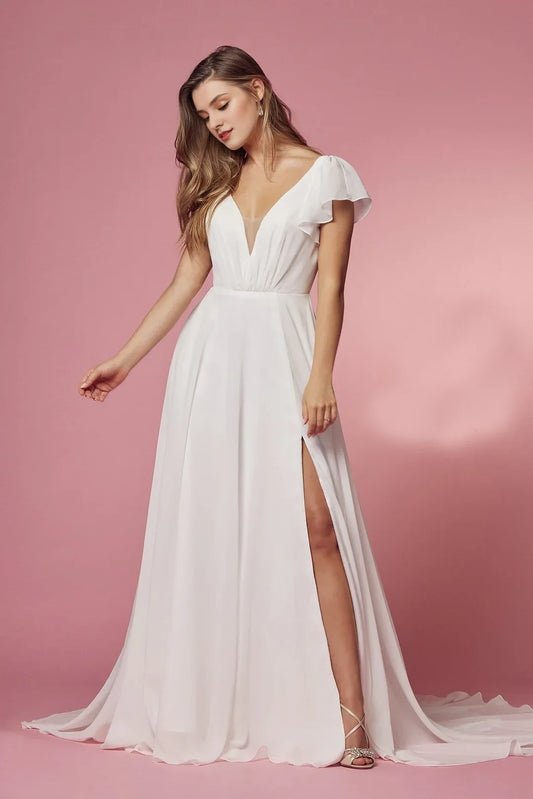 Elegant A-Line V-Neck Flutter Sleeves Romantic White Floor-Length Wedding Dress