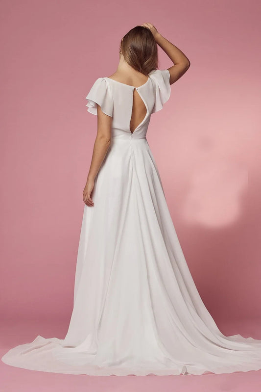 Elegant A-Line V-Neck Flutter Sleeves Romantic White Floor-Length Wedding Dress