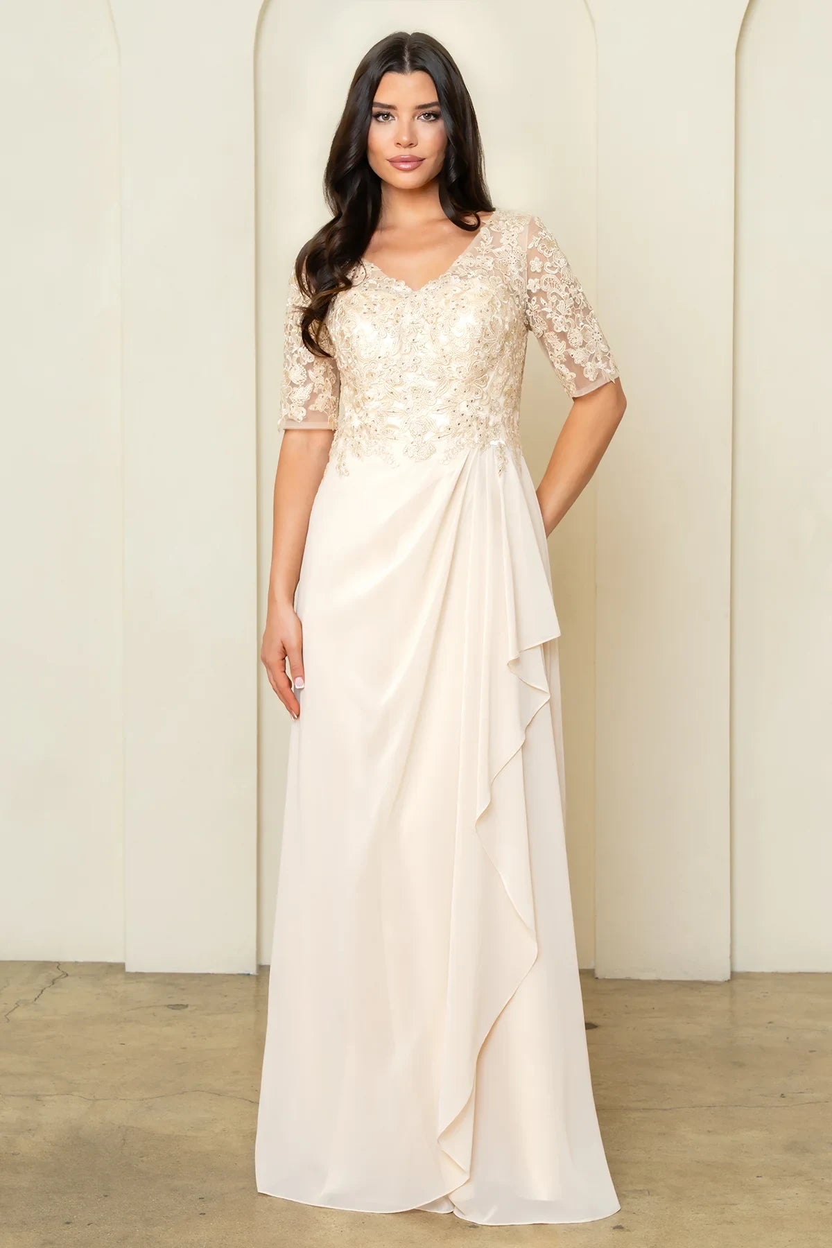 Elegant A-Line V-Neck Half Sleeve Embellished Champagne Floor-Length Mother of the Bride Dress