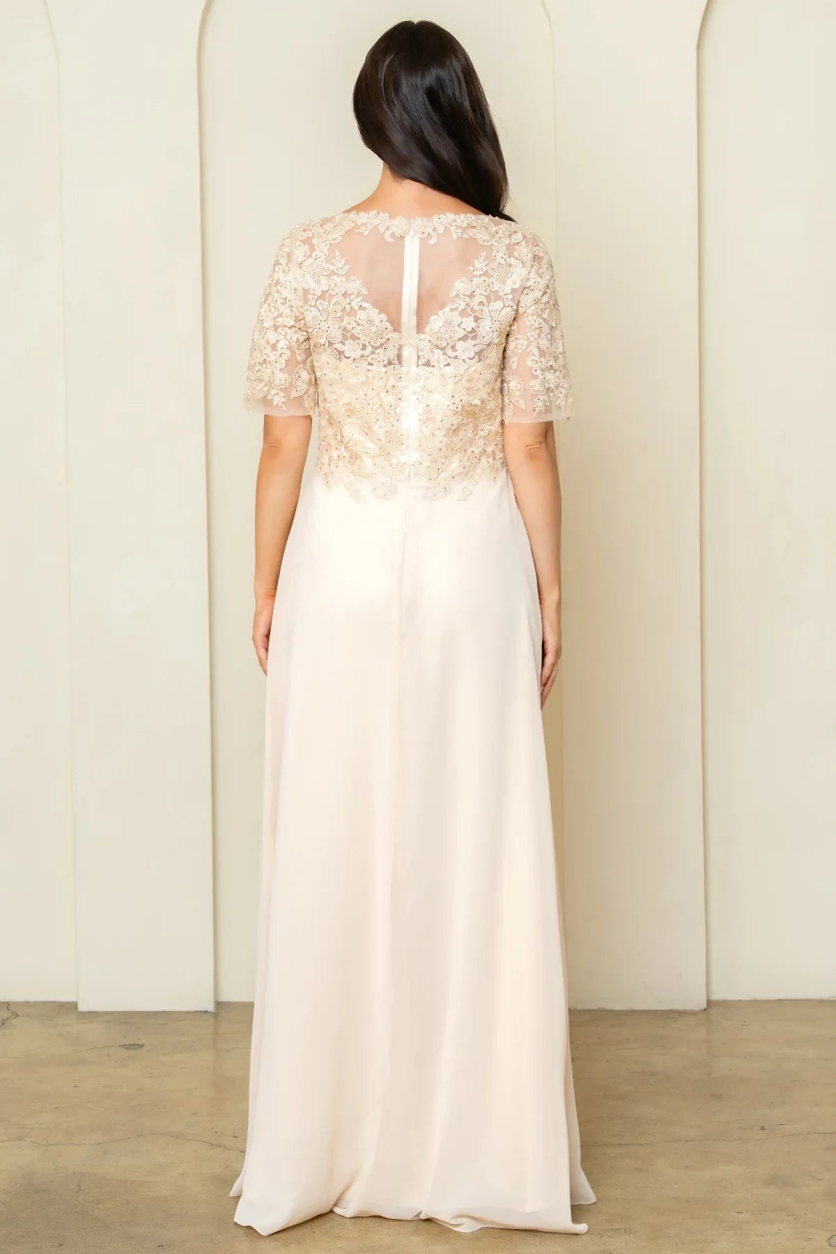 Elegant A-Line V-Neck Half Sleeve Embellished Champagne Floor-Length Mother of the Bride Dress