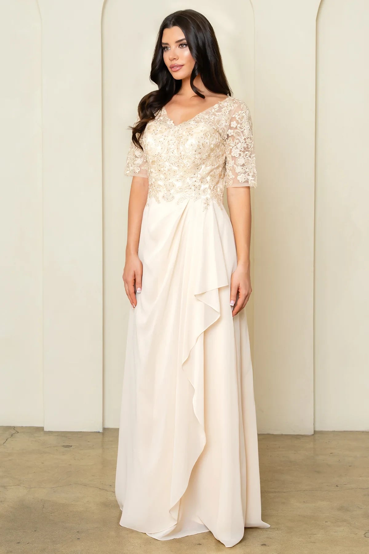 Elegant A-Line V-Neck Half Sleeve Embellished Champagne Floor-Length Mother of the Bride Dress