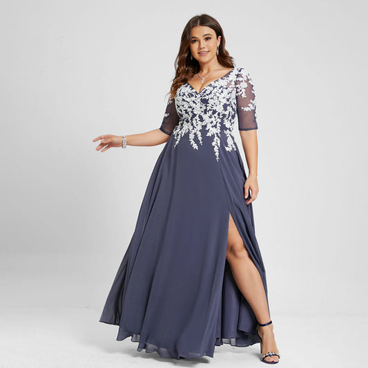 Elegant A-Line V-Neck Half Sleeve Embroidered Dark Blue Floor-Length Prom Dresses