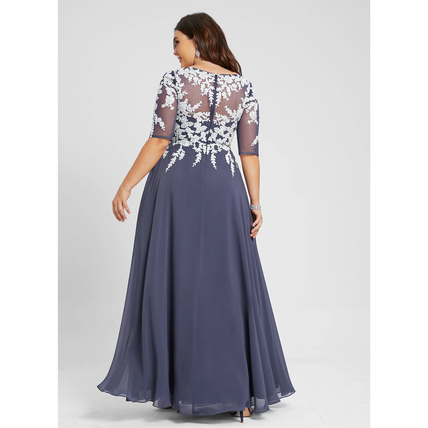 Elegant A-Line V-Neck Half Sleeve Embroidered Dark Blue Floor-Length Prom Dresses
