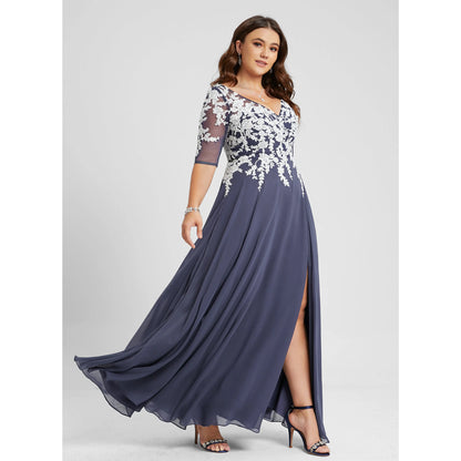 Elegant A-Line V-Neck Half Sleeve Embroidered Dark Blue Floor-Length Prom Dresses