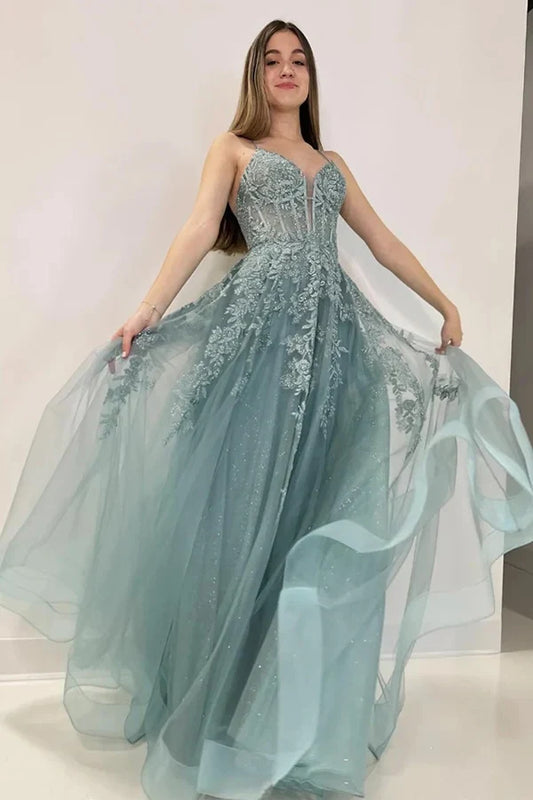 Elegant A-Line V-Neck Lace Applique Sparkling Dusty Teal Green Floor-Length Prom Dress