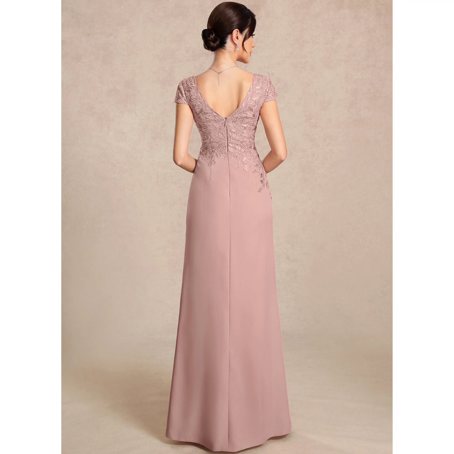 Elegant A-Line V-Neck Lace Ruffled Dusty Rose Floor-Length Mother of the Bride Gown