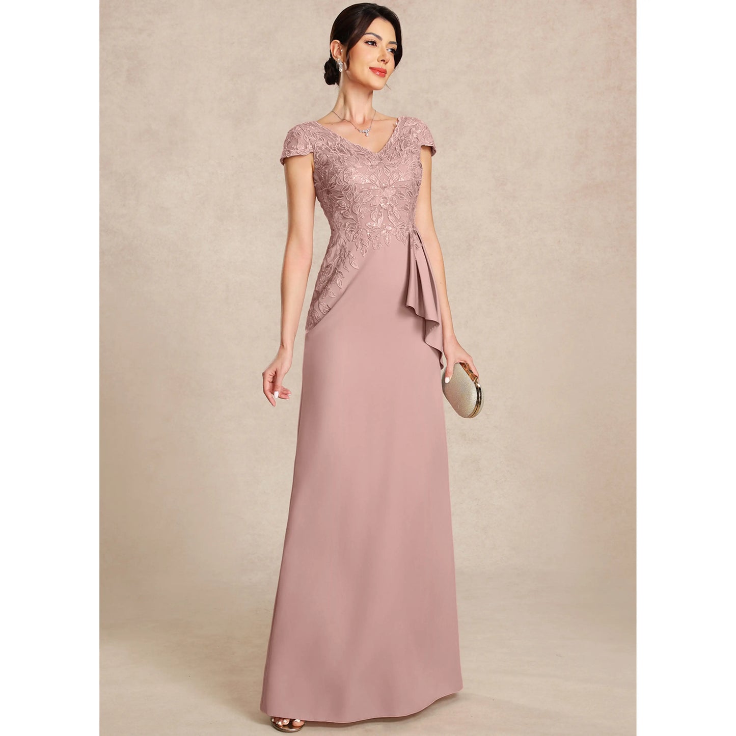 Elegant A-Line V-Neck Lace Ruffled Dusty Rose Floor-Length Mother of the Bride Gown