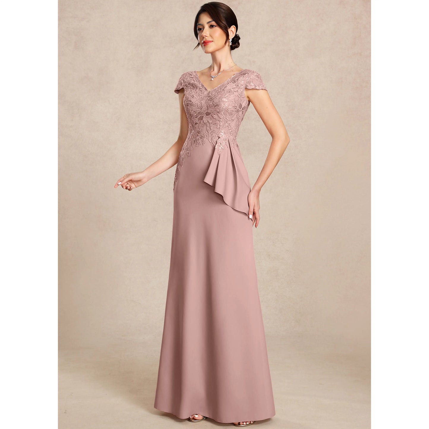 Elegant A-Line V-Neck Lace Ruffled Dusty Rose Floor-Length Mother of the Bride Gown