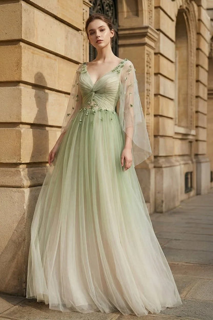 Elegant A-Line V-Neck Long-Sleeve Flowy Floral Sage Ombre Floor-Length Evening Dresses for Women Formal Party