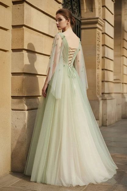Elegant A-Line V-Neck Long-Sleeve Flowy Floral Sage Ombre Floor-Length Evening Dresses for Women Formal Party