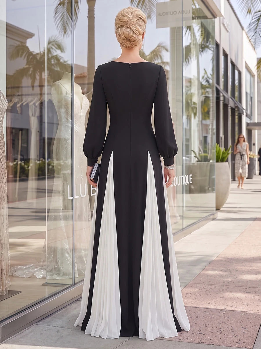 Elegant A-Line V-Neck Long-Sleeve Pleated Contrast Black Floor-Length Prom Dresses Women