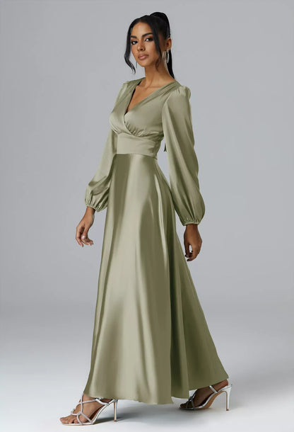 Elegant A-Line V-Neck Long-Sleeve Pleated Tie-Back Sage Maxi Bridesmaid Dress Women