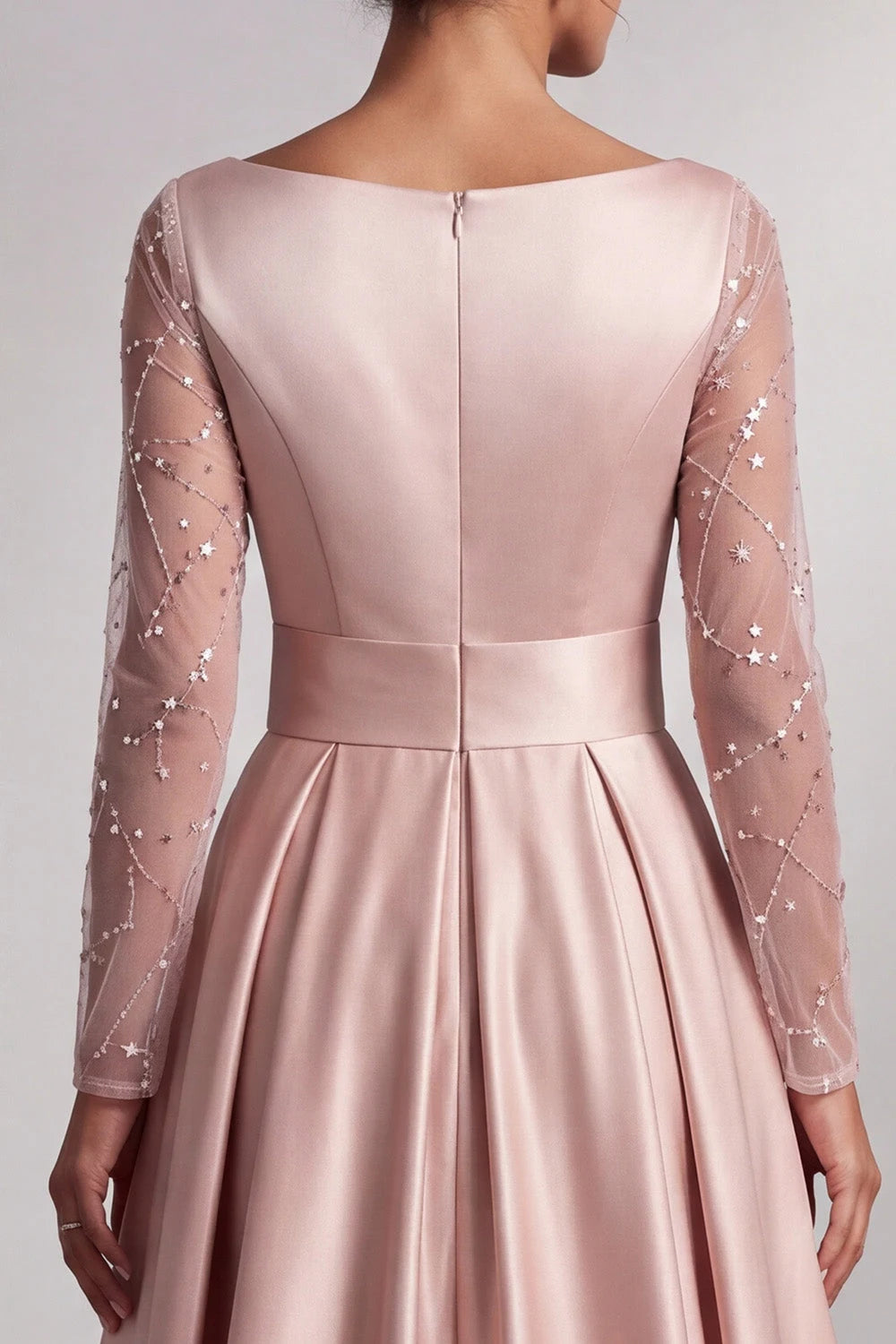 Elegant A-Line V-Neck Long Sleeve Beaded Dusty Rose Floor-Length Prom Gown