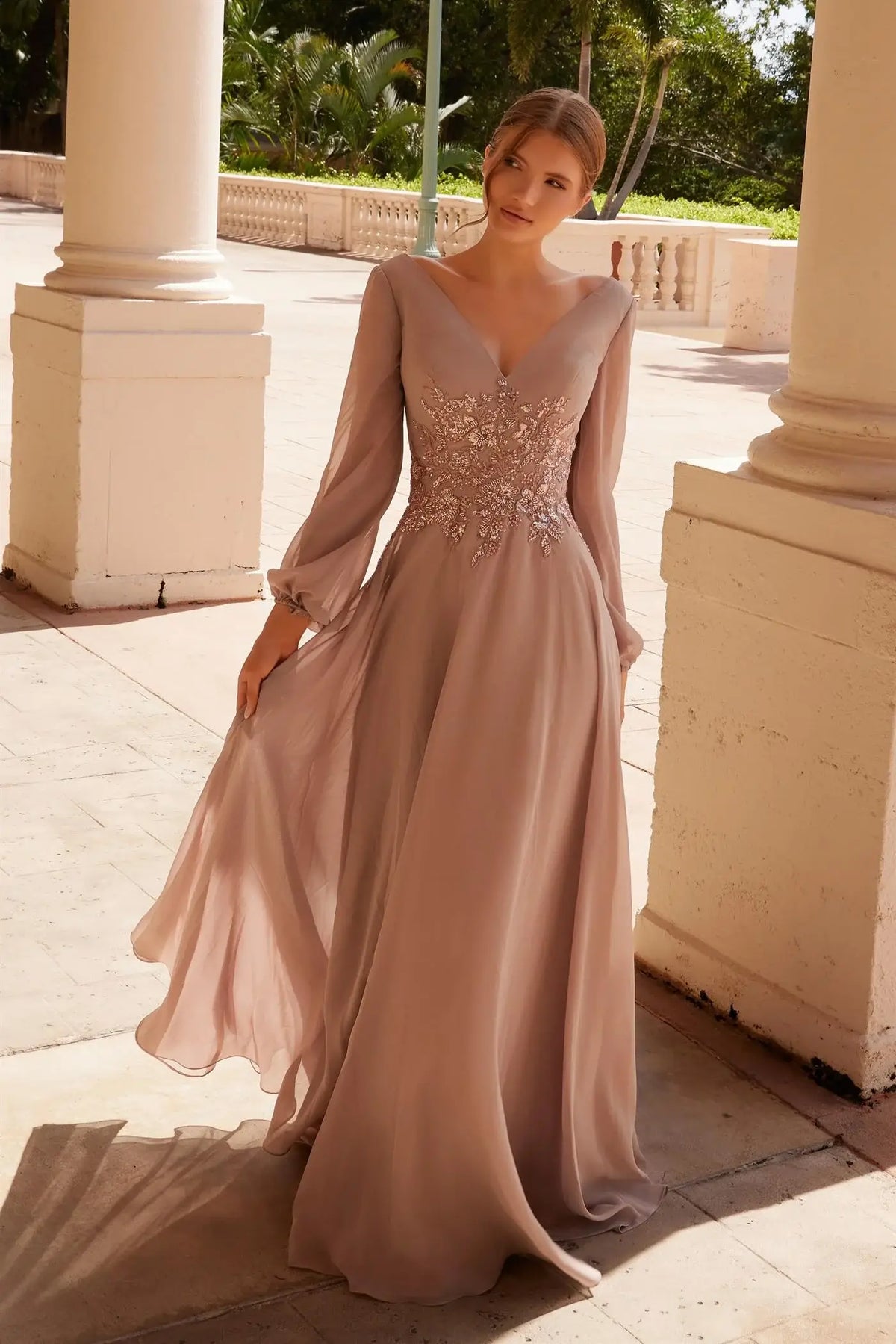 Elegant A-Line V-Neck Long Sleeve Beaded Dusty Rose Mother Of The Bride Gown
